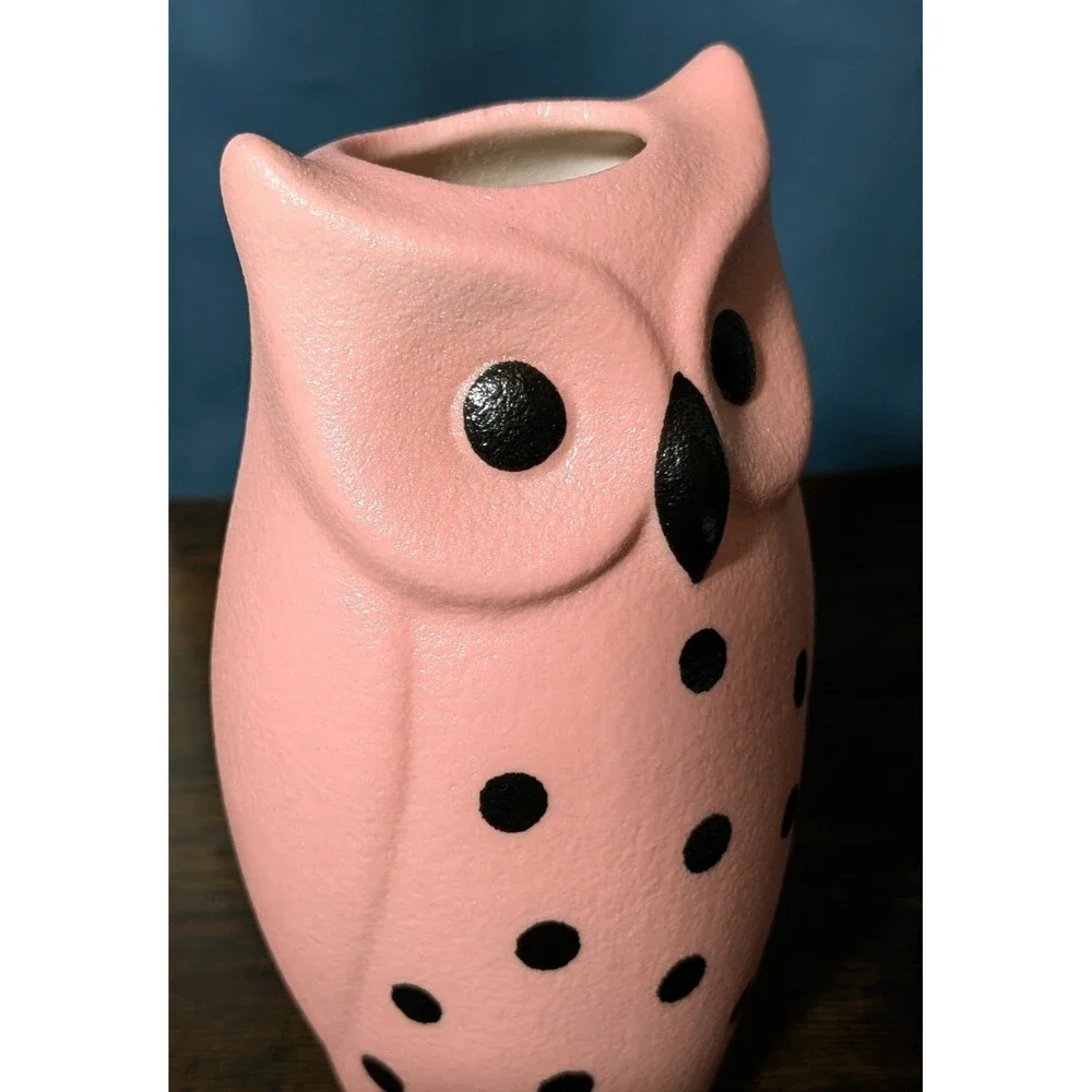 Pink Owl Ceramic Vase Black Polka Dot 7